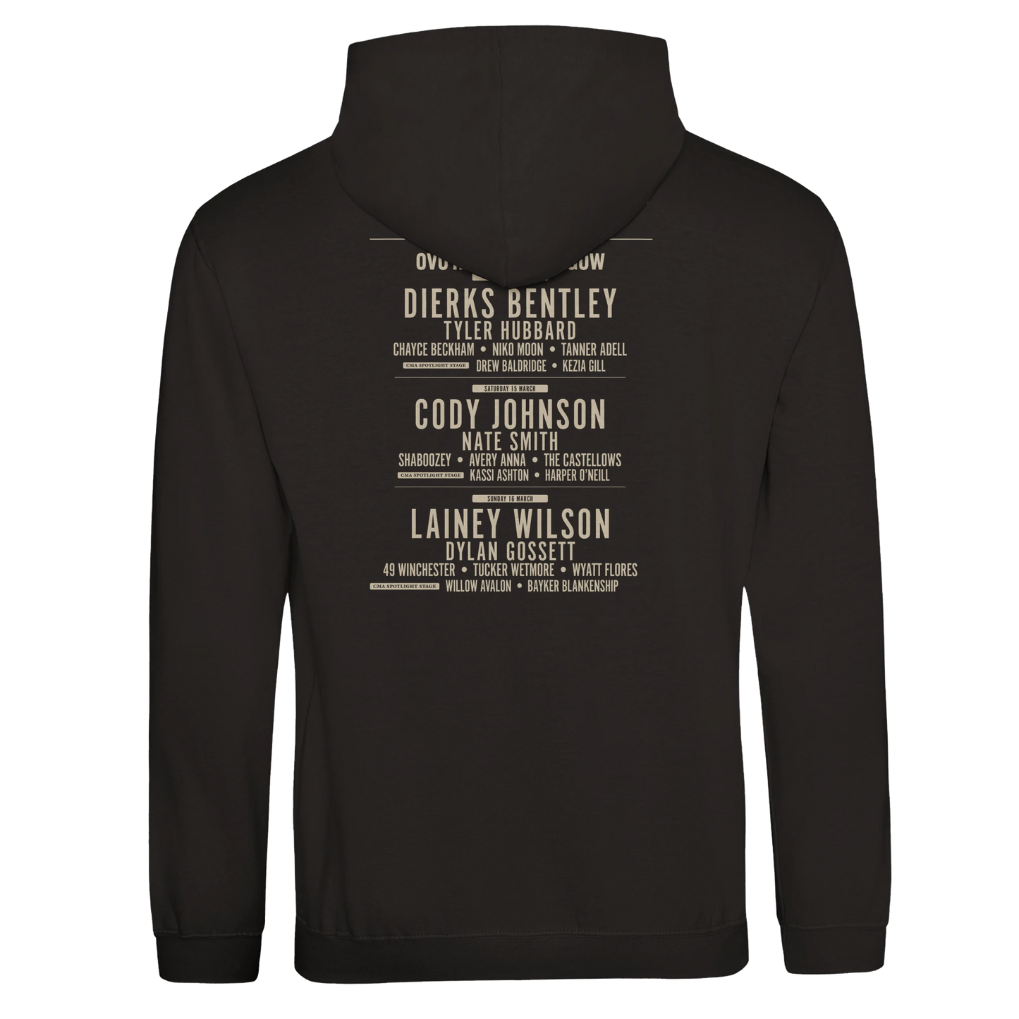 The C2C Country To Country C2C 2025 Glasgow Event Line Up Hoodie is a black unisex hoodie with beige text on the back listing artists like Dierks Bentley, Cody Johnson, Lainey Wilson, and more—ideal for stylish comfort.