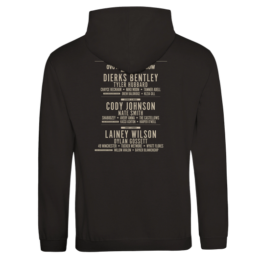 The C2C Country To Country C2C 2025 Glasgow Event Line Up Hoodie is a black unisex hoodie with beige text on the back listing artists like Dierks Bentley, Cody Johnson, Lainey Wilson, and more—ideal for stylish comfort.