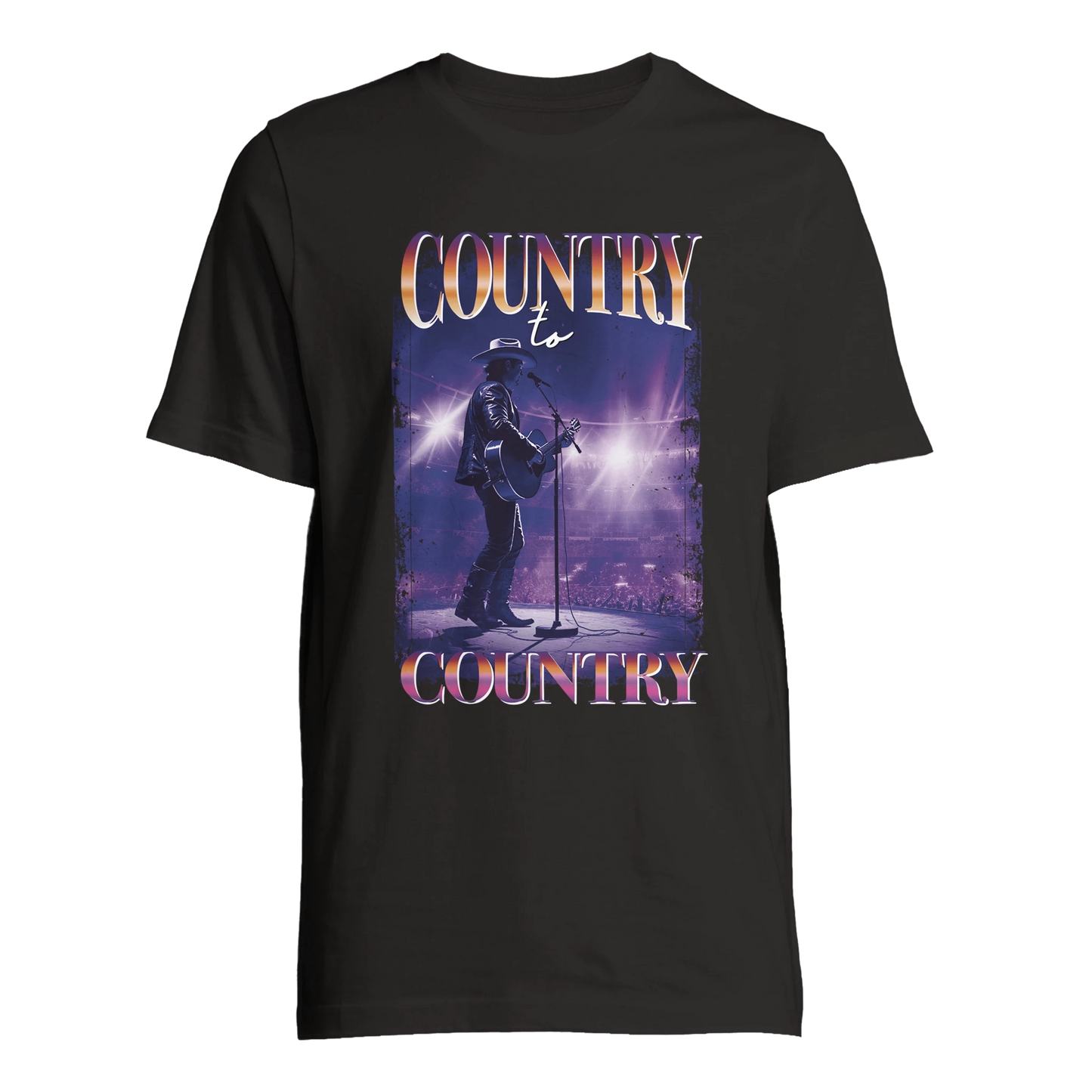 The C2C Country To Country 90s Throwback Black T-Shirt is a unisex cotton tee featuring a musician playing guitar and singing on stage under bright lights with COUNTRY to COUNTRY above and below the illustration.