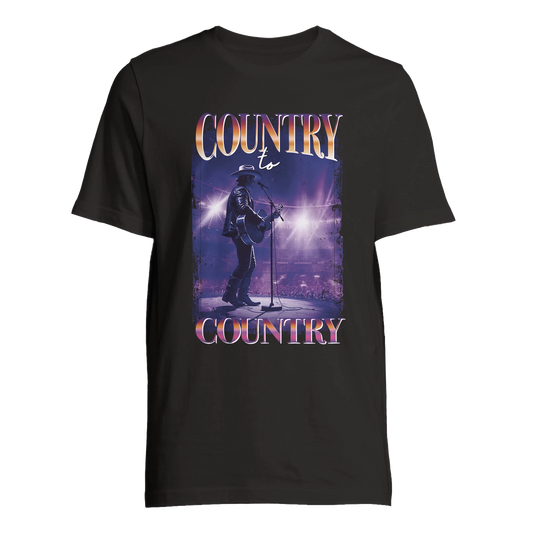 The C2C Country To Country 90s Throwback Black T-Shirt is a unisex cotton tee featuring a musician playing guitar and singing on stage under bright lights with COUNTRY to COUNTRY above and below the illustration.