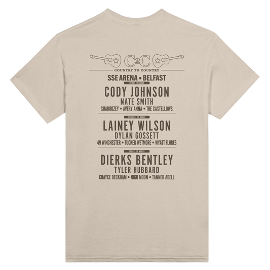 The C2C Country To Country C2C 2025 Belfast Line Up T-Shirt showcases a vibrant festival lineup on the back with DTG printing for lasting color and comfort.