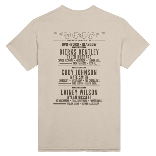 The C2C Country To Country 2025 Glasgow Line Up T-Shirt is a soft beige, made-to-order tee featuring country music artists at OVO Hydro Glasgow and illustrated guitars on top—perfect for C2C fans.