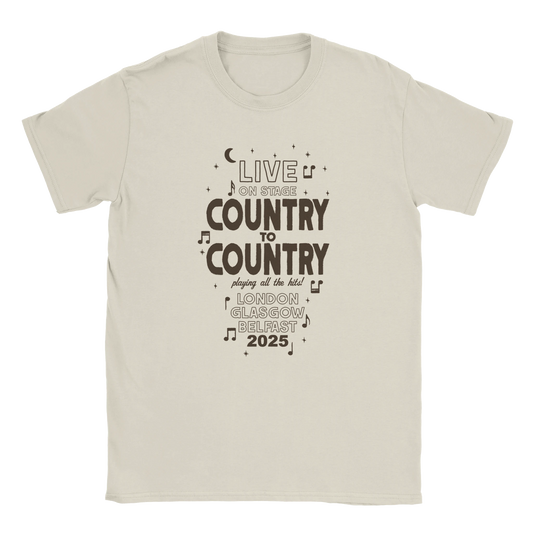The C2C Country To Country 2025 Vintage/New Traditional London Natural T Shirt features dark brown text and music notes: Live on stage, Country to Country, playing all the hits! London, Glasgow, Belfast 2025. See our size guide for the perfect fit.