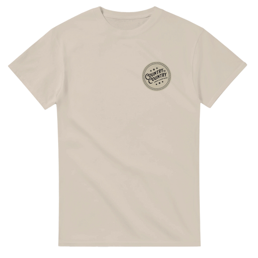 The C2C 2025 Belfast Line Up T-Shirt by C2C Country To Country is a plain beige tee with a small circular logo on the left chest, dark text and lines, crafted for durability and all-day comfort.
