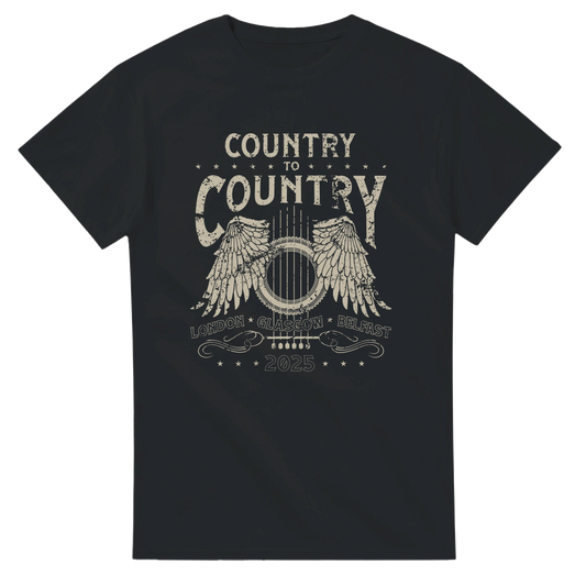 The C2C Country To Country 2025 Classic Country Belfast Line Up T-Shirt is a black, soft tee with a vintage “Country to Country” winged guitar graphic and “London, Glasgow, Belfast 2025” in distressed white print. Made-to-order with DTG printing.