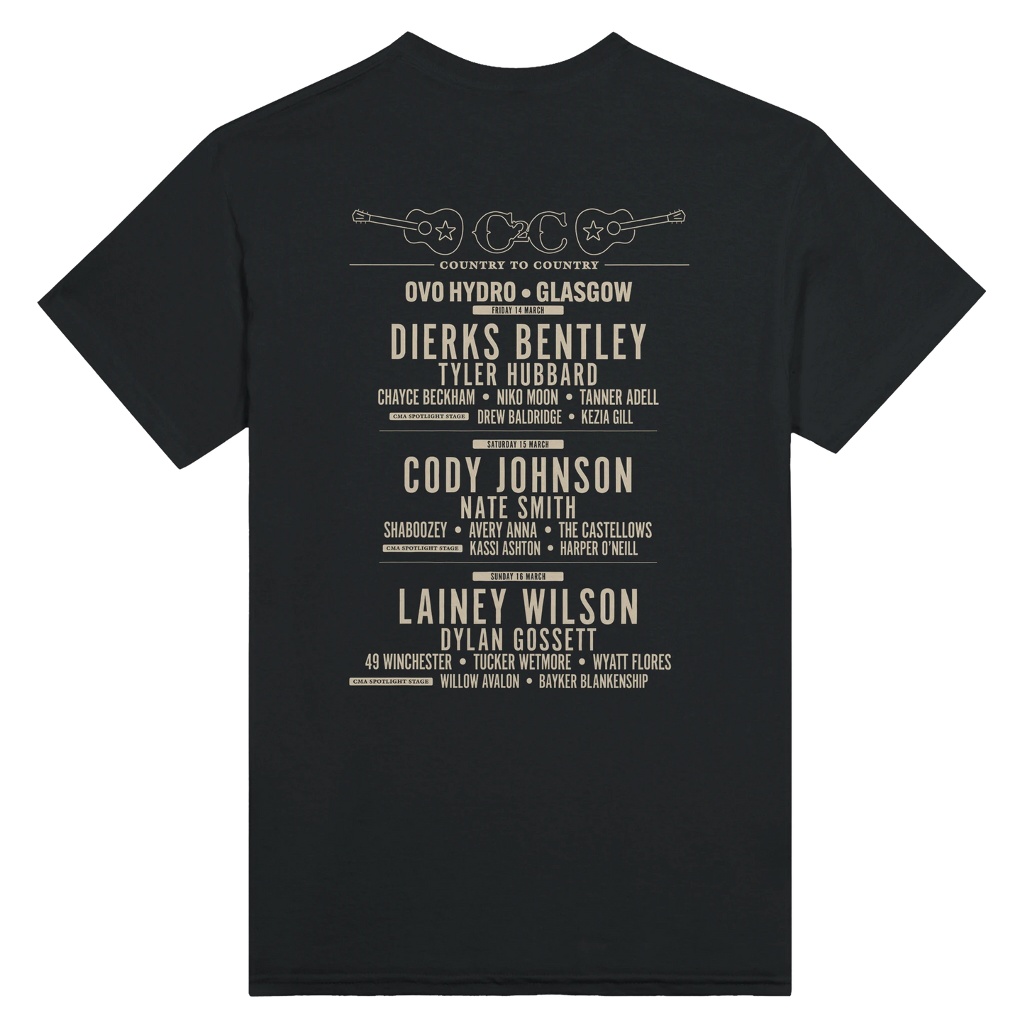 The C2C Country To Country 2025 Classic Country Glasgow Line Up T-Shirt in black features “Country to Country OVO Hydro - Glasgow” at the top and a beige artist lineup, DTG printed for softness and lasting design.