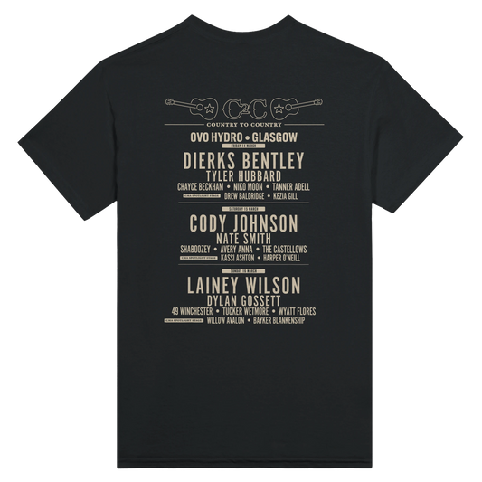 The C2C Country To Country 2025 Classic Country Glasgow Line Up T-Shirt in black features “Country to Country OVO Hydro - Glasgow” at the top and a beige artist lineup, DTG printed for softness and lasting design.