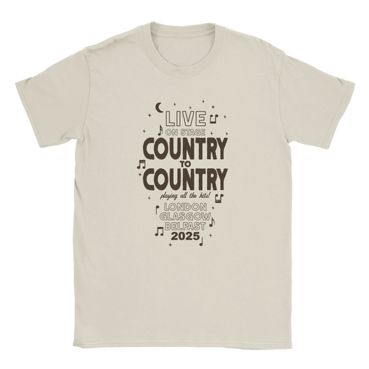 The C2C Country To Country C2C 2025 Vintage/New Traditional Belfast Natural T Shirt features a tubular fit and bold LIVE on stage design with stars, moons, and musical notes. Made-to-order with DTG printing for vibrant detail.