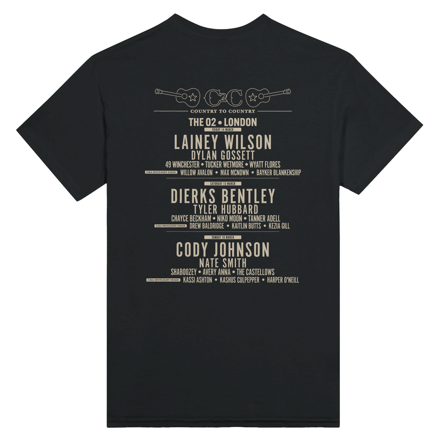 The C2C Country To Country 2025 Classic Country London Line Up T-Shirt features Lainey Wilson, Dierks Bentley, Cody Johnson & more at The O2. Black tee with beige band names and guitars in soft feel fabric, DTG printed.