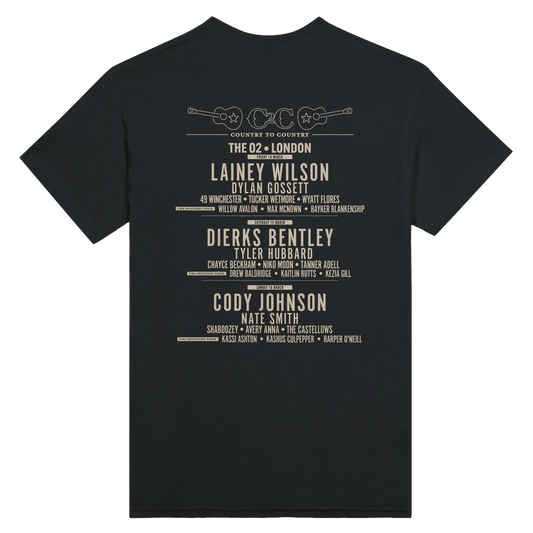 The C2C Country To Country 2025 Classic Country London Line Up T-Shirt features Lainey Wilson, Dierks Bentley, Cody Johnson & more at The O2. Black tee with beige band names and guitars in soft feel fabric, DTG printed.