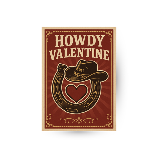 The C2C Howdy Valentine Card Red by C2C Country To Country Store features a vintage design with “Howdy Valentine,” a horseshoe, cowboy hat, and red heart on a red background with decorative borders.