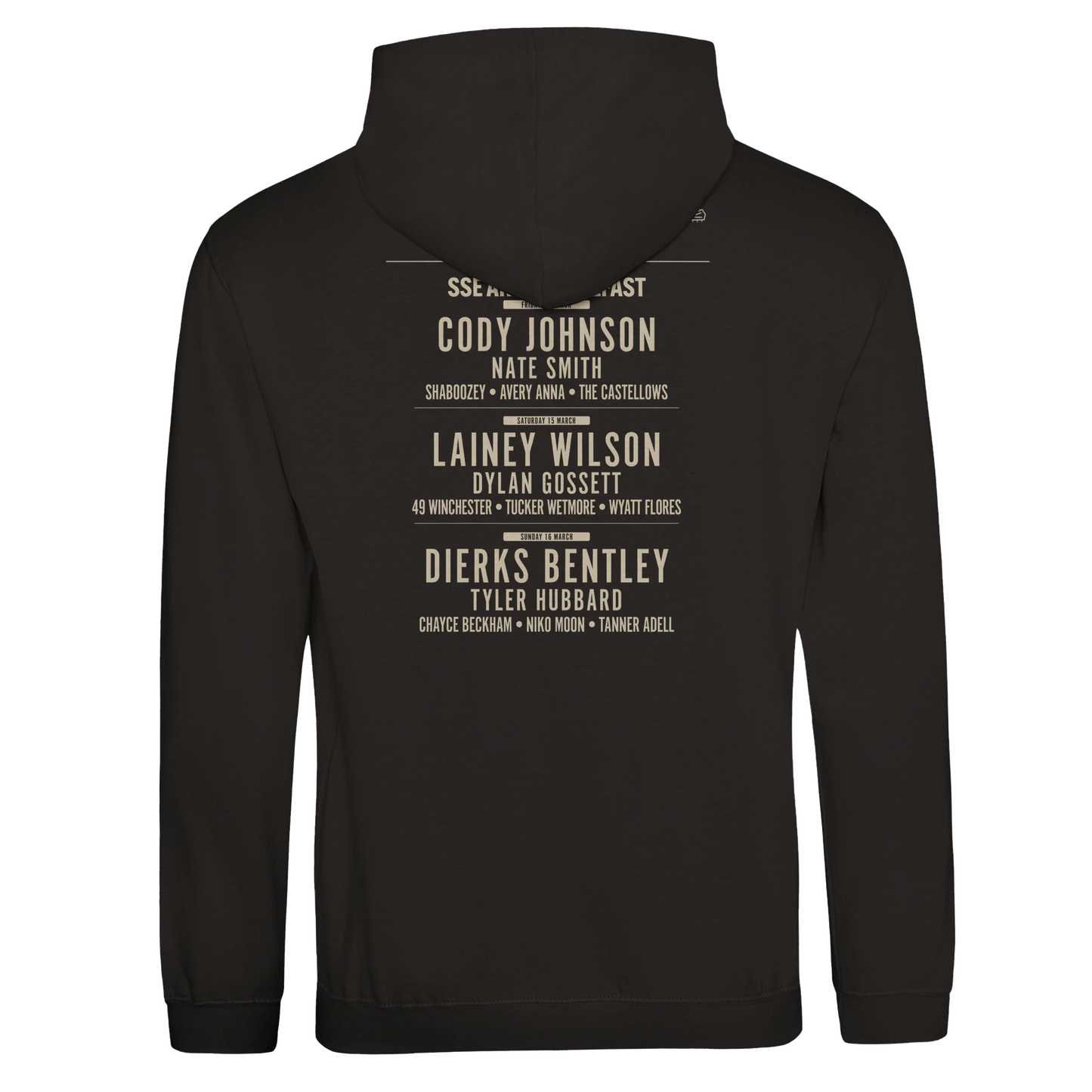 The C2C Country To Country C2C 2025 Belfast Event Line Up Hoodie is a black unisex hoodie made from soft Ringspun Cotton, with a stacked list of artists’ names—like Cody Johnson and Lainey Wilson—printed in beige on the back.
