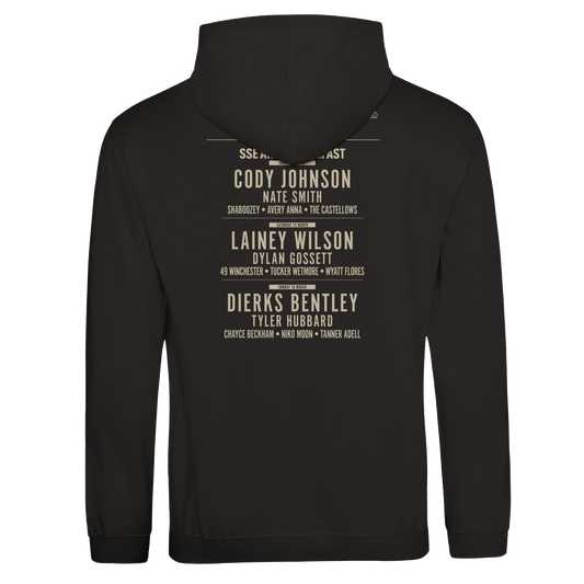 The C2C Country To Country C2C 2025 Belfast Event Line Up Hoodie is a black unisex hoodie made from soft Ringspun Cotton, with a stacked list of artists’ names—like Cody Johnson and Lainey Wilson—printed in beige on the back.