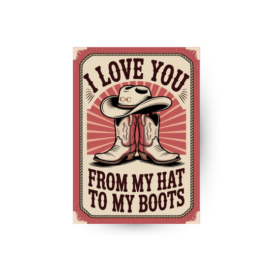 The C2C I Love You From My Hat To My Boots Card by C2C Country To Country Store features a vintage-style design with a cowboy hat and boots illustration and the phrase "I LOVE YOU FROM MY HAT TO MY BOOTS" in bold decorative lettering.