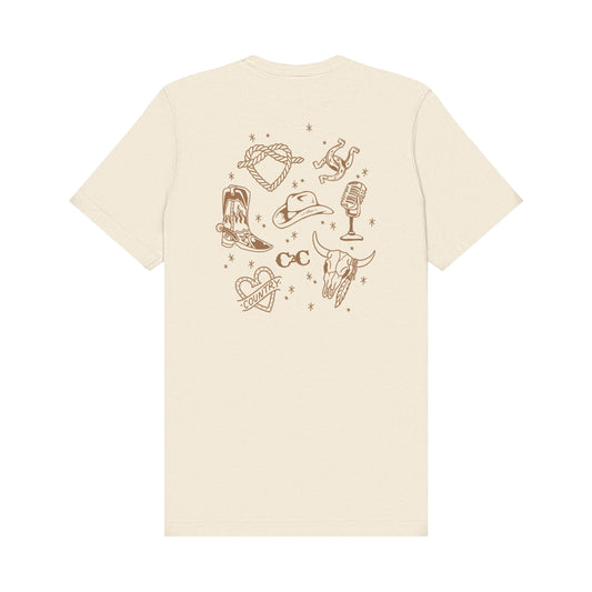 The C2C Country To Country Western Cowboy Natural T Shirt is a beige unisex tee with brown country-themed line art on the back, including a cowboy hat and boots, printed eco-friendly with DTG technology.