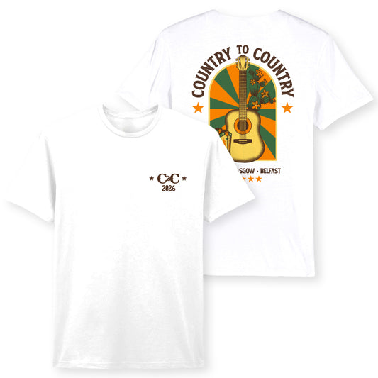 The PRE-ORDER: 2026 Online Exclusive T-Shirt from C2C Country To Country Store features a white design with "C2C 2026" on the front and a colorful guitar graphic with flowers, stars, and "Glasgow" and "Belfast" on the back. Ideal for country music fans!.