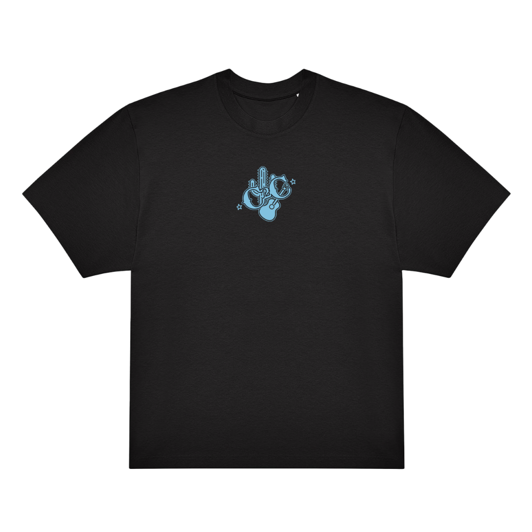 The C2C Premium T-Shirt by 2026 features a black design with a small, light blue cactus, snake, and stars graphic—ideal for country music fans or your next Country to Country Festival outfit.