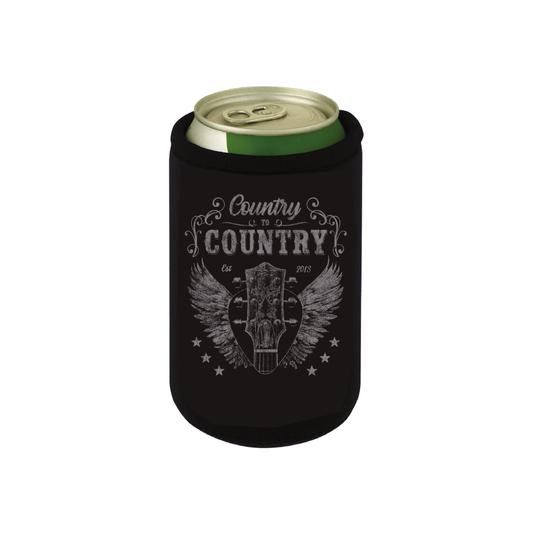 Keep your drink cold at any country music festival with the 2026 Koozie—a black insulated holder featuring a white guitar-with-wings design, stars, and “Country to Country Est. 2013.” Fits green cans and more.