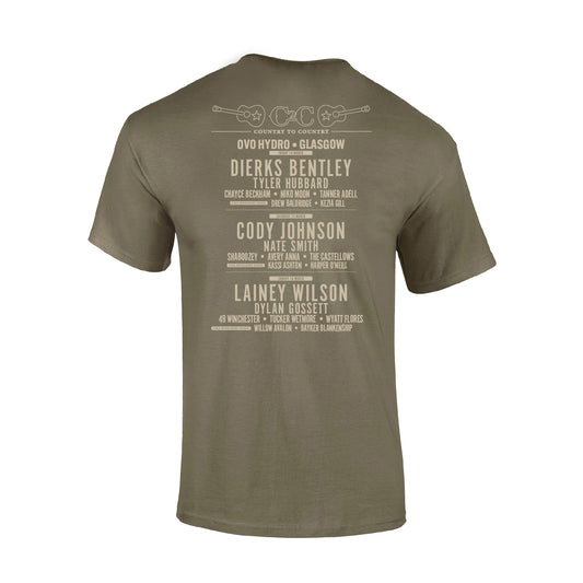 The 2025 Prairie Dust Glasgow T-Shirt by C2C Country To Country Store features an olive green design with white guitars and country artists like Dierks Bentley and Lainey Wilson listed on the back in classic, centered concert-style text.