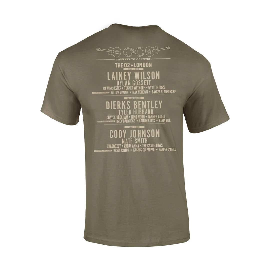 The 2025 Prairie Dust London T-Shirt by C2C Country To Country Store features artists like Lainey Wilson, Dylan Gossett, Dierks Bentley, Tyler Hubbard, Cody Johnson, and Nate Smith plus festival lineup and venue details.