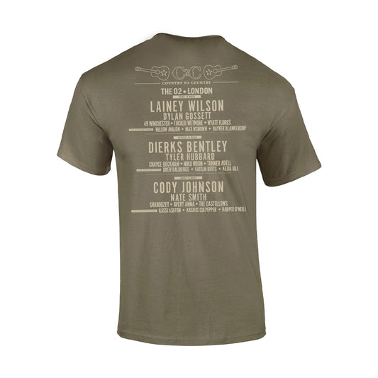 The 2025 Prairie Dust London T-Shirt by C2C Country To Country Store features artists like Lainey Wilson, Dylan Gossett, Dierks Bentley, Tyler Hubbard, Cody Johnson, and Nate Smith plus festival lineup and venue details.