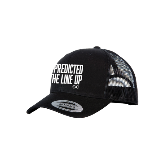 The Line Up Cap by 2026 is a black mesh snapback featuring "PREDICTED THE LINE UP" and a small CC logo in white—perfect for festivals or as an essential C2C accessory.
