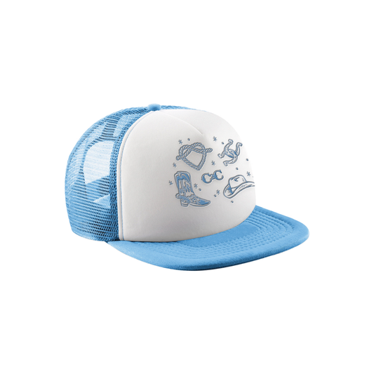 The 2026 Western Cowboy Kids Cap features a blue and white design, mesh back, flat brim, and front panel with blue line drawings of boots, hat, horseshoe, lasso, gloves, and sunglasses.