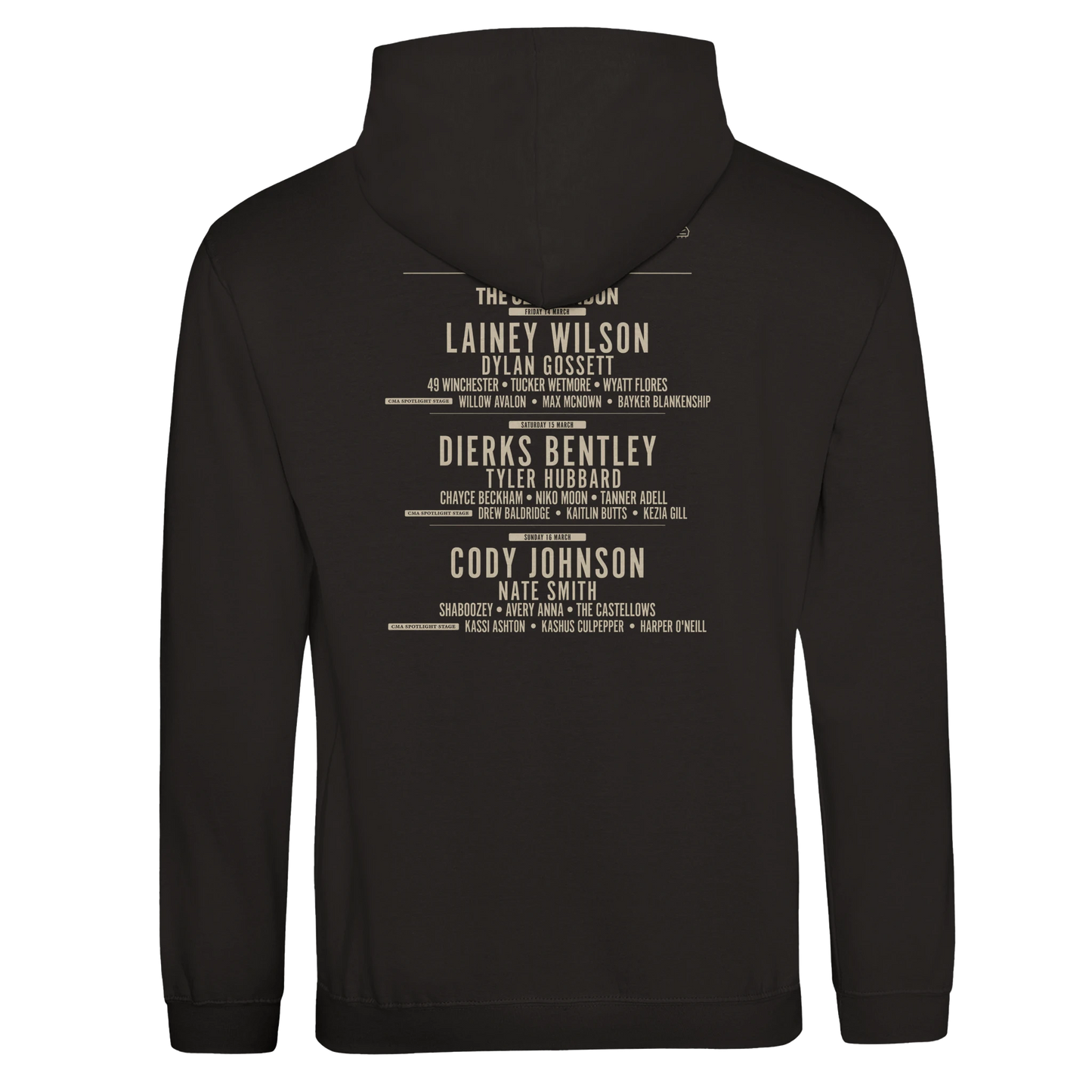 The C2C Country To Country 2025 London Event Line Up Hoodie is a black unisex Ringspun Cotton hoodie featuring the events country music artists and supporting acts in beige text, with headliners in bold uppercase on the back.