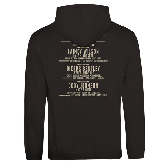 The C2C Country To Country 2025 London Event Line Up Hoodie is a black unisex Ringspun Cotton hoodie featuring the events country music artists and supporting acts in beige text, with headliners in bold uppercase on the back.
