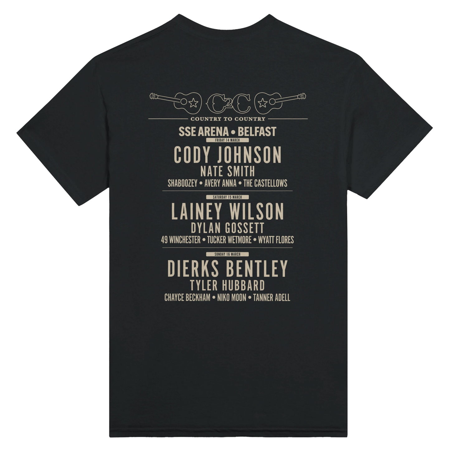 The C2C Country To Country C2C 2025 Classic Country Belfast Line Up T-Shirt features a DTG-printed lineup for the SSE Arena event—Cody Johnson, Lainey Wilson, Dierks Bentley & more—with guitar illustrations. Made to order in soft black fabric.