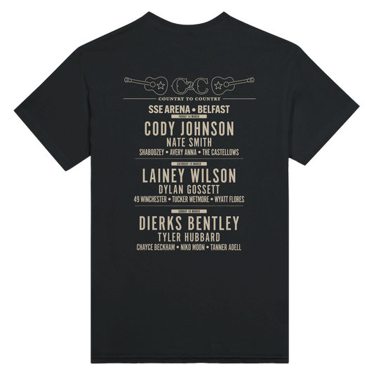 The C2C Country To Country C2C 2025 Classic Country Belfast Line Up T-Shirt features a DTG-printed lineup for the SSE Arena event—Cody Johnson, Lainey Wilson, Dierks Bentley & more—with guitar illustrations. Made to order in soft black fabric.