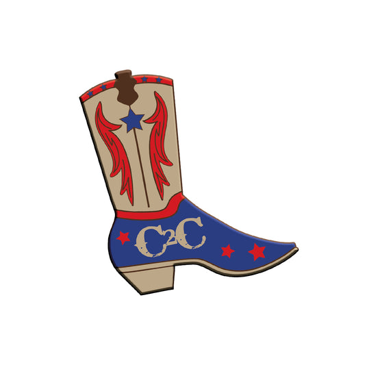 Illustration for Magnet - Cowboy Boot by C2C Country To Country Store: beige upper with red flame-like patterns and a blue star, blue lower section with red stars and white CC letters. Product description currently unavailable.