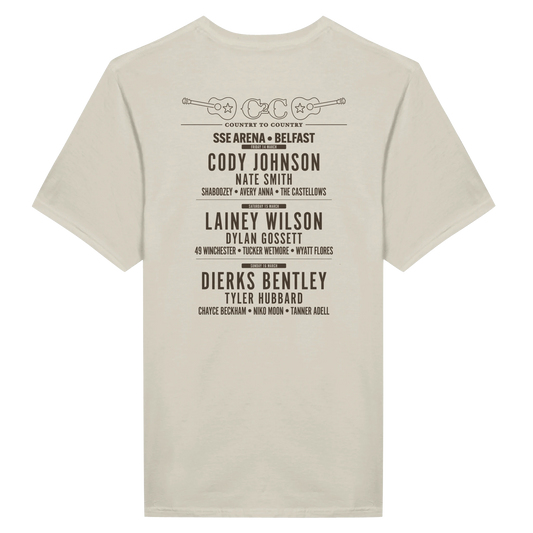 The C2C Country To Country 2025 Vintage/New Traditional Belfast Natural T Shirt features a concert lineup for SSE Arena Belfast with Cody Johnson, Lainey Wilson, and Dierks Bentley plus guitars, all DTG printed on a beige tee.