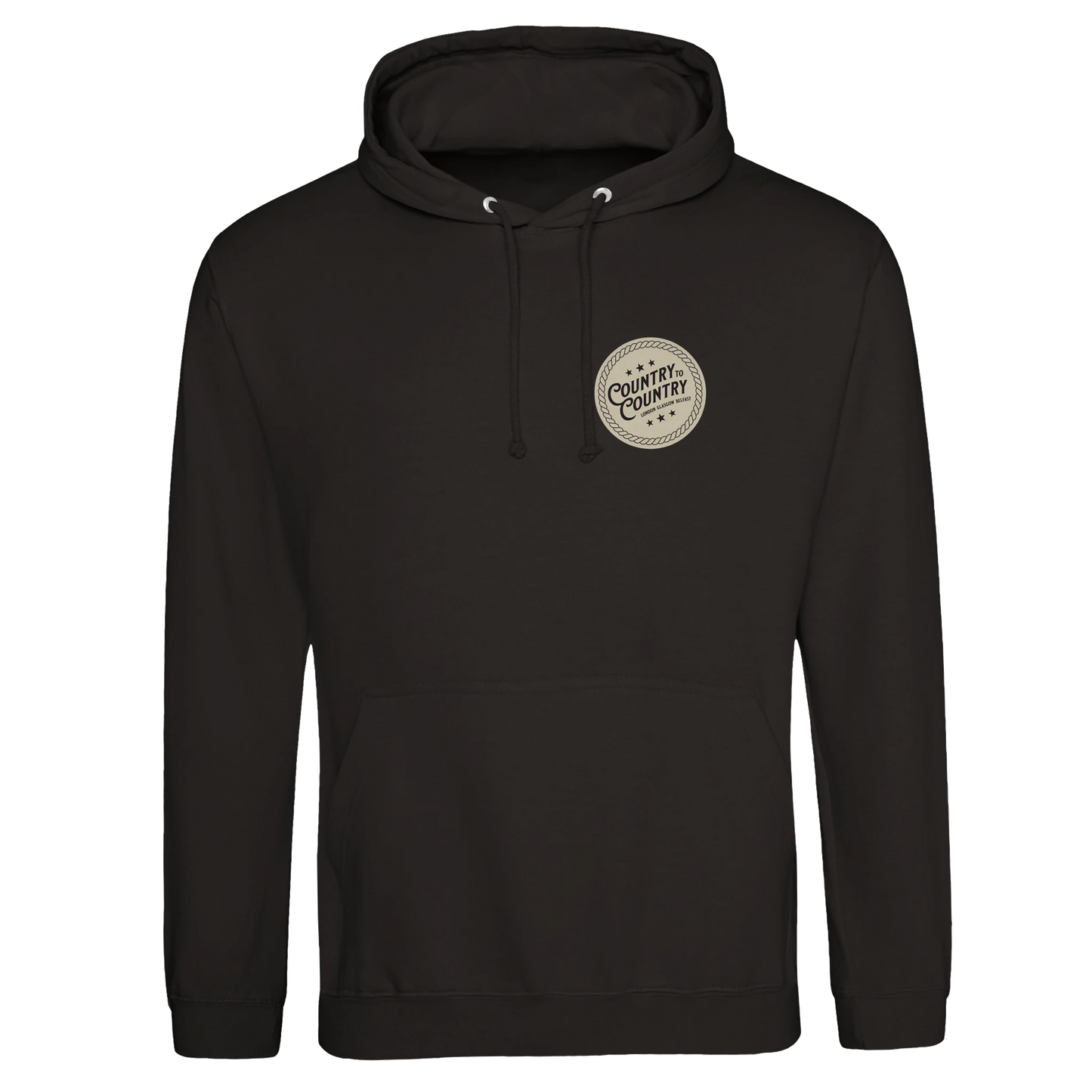 The C2C Country To Country 2025 Belfast Event Line Up Hoodie is a black unisex ringspun cotton sweatshirt with a front pocket and a beige circular Country to Country London, Dublin, Glasgow logo on the left chest.