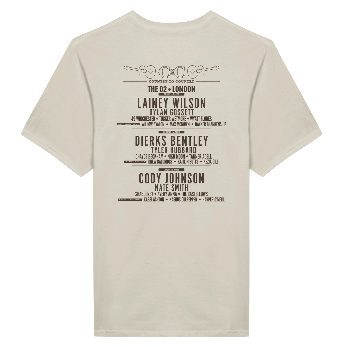 The C2C Country To Country C2C 2025 Vintage/New Traditional London Natural T Shirt features the festival lineup at The O2, plus guitars and a heart graphic. DTG printed. Check our size guide for your best fit!.
