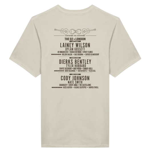 The C2C Country To Country C2C 2025 Vintage/New Traditional London Natural T Shirt features the festival lineup at The O2, plus guitars and a heart graphic. DTG printed. Check our size guide for your best fit!.