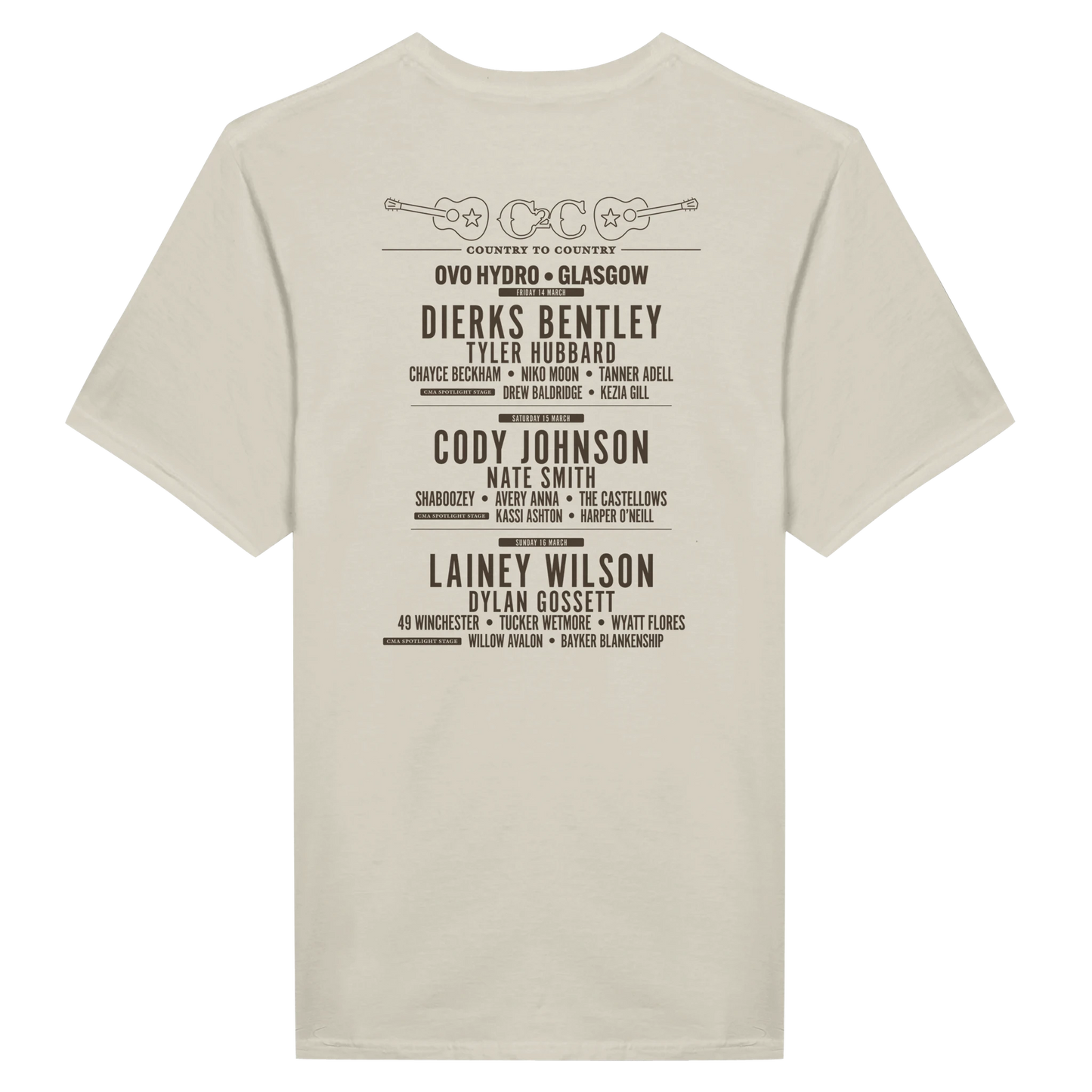 The C2C Country To Country 2025 Vintage/New Traditional Glasgow Natural T Shirt showcases the concert lineup and event details with two crossed guitars, DTG printed for vivid, lasting color on a beige tee.