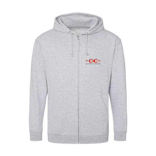 The 2025 Grey Embroidered London Hoodie from C2C Country To Country Store features a red “CC” logo, “COUNTRY ON THE COUNTRY” text, and two small flowers on the left chest—ideal for casual country-themed style.