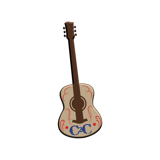 The Magnet - Guitar by C2C Country To Country Store features a light-colored body with bold red stars and two blue horseshoes near the base, creating a vibrant, eye-catching look. Displayed on a plain white background.
