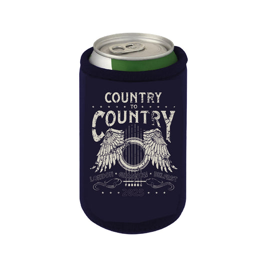 Keep your drink cold at any country music festival with this C2C Country To Country Store Koozie—a navy blue can cooler with a white guitar and wings graphic, plus Country to Country London Glasgow Belfast 2025 text.