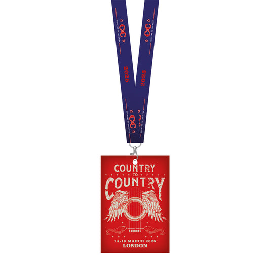 The 2025 London Programme & Lanyard from the C2C Country To Country Store features a red pass with a white winged guitar and event dates, hanging from a blue lanyard with orange text. Some product details are missing from the description.