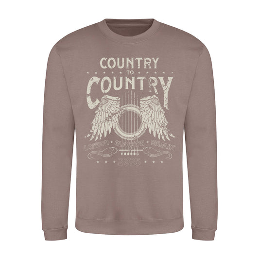 Brown Sweatshirt from C2C Country To Country Store featuring a guitar with wings and “Country to Country London Glasgow Belfast 2025” in distressed white—ideal for music fans and perfect for commemorating iconic events.