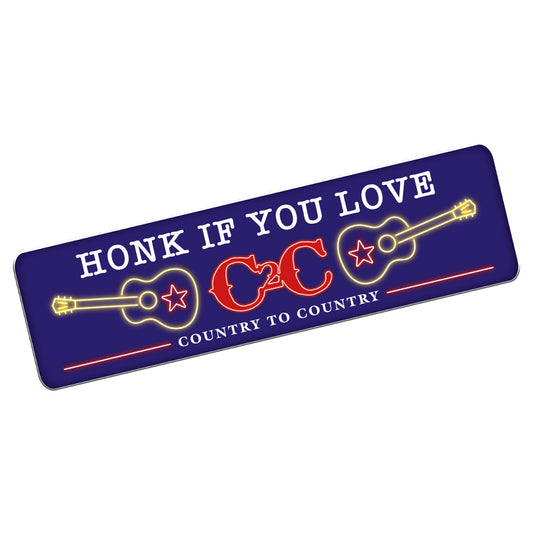 Show your love for country music with this blue rectangular Car Sticker from C2C Country To Country Store—features “HONK IF YOU LOVE C2C, COUNTRY TO COUNTRY” in white, neon-style yellow guitars, and bold red C2C lettering.