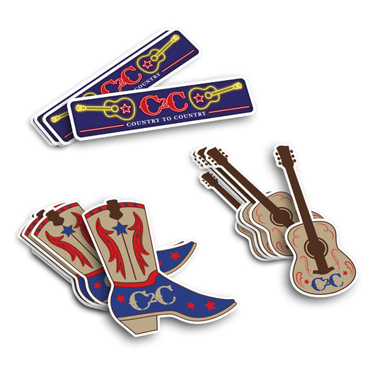 Sticker Pack from C2C Country To Country Store featuring assorted country music-themed stickers with cowboy boots, acoustic guitars, and guitar/star designs in red, blue, and yellow—perfect for country music fans.