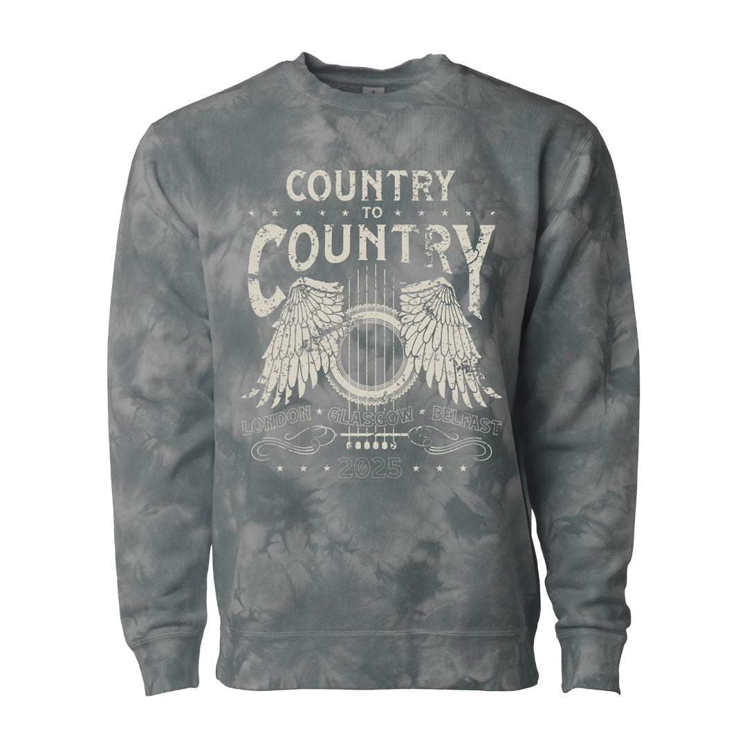 The C2C Country To Country Store Acid Wash Sweatshirt features a guitar with angel wings and Country to Country London Glasgow Belfast 2025 in vintage lettering, all on a gray tie-dye design. Some important product details are missing from this description.