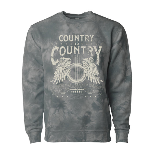 The C2C Country To Country Store Acid Wash Sweatshirt features a guitar with angel wings and Country to Country London Glasgow Belfast 2025 in vintage lettering, all on a gray tie-dye design. Some important product details are missing from this description.