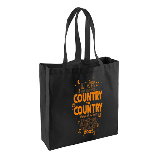 Carry your event essentials in this C2C Country To Country Store Tote Bag, featuring bold orange Live on stage text, music notes, and cities—London, Glasgow, Belfast 2025—perfect for every country music concert.