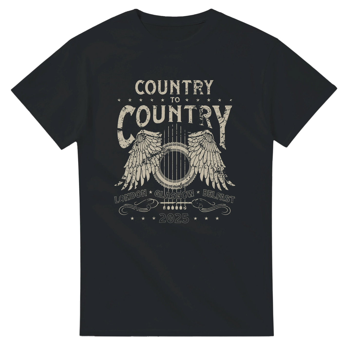 The C2C 2025 Classic Country Glasgow Line Up T-Shirt by C2C Country To Country features a distressed guitar-with-wings graphic, “Country to Country” and “London Glasgow Belfast 2025”, with stars and swirls. DTG printing offers a soft feel for any occasion.