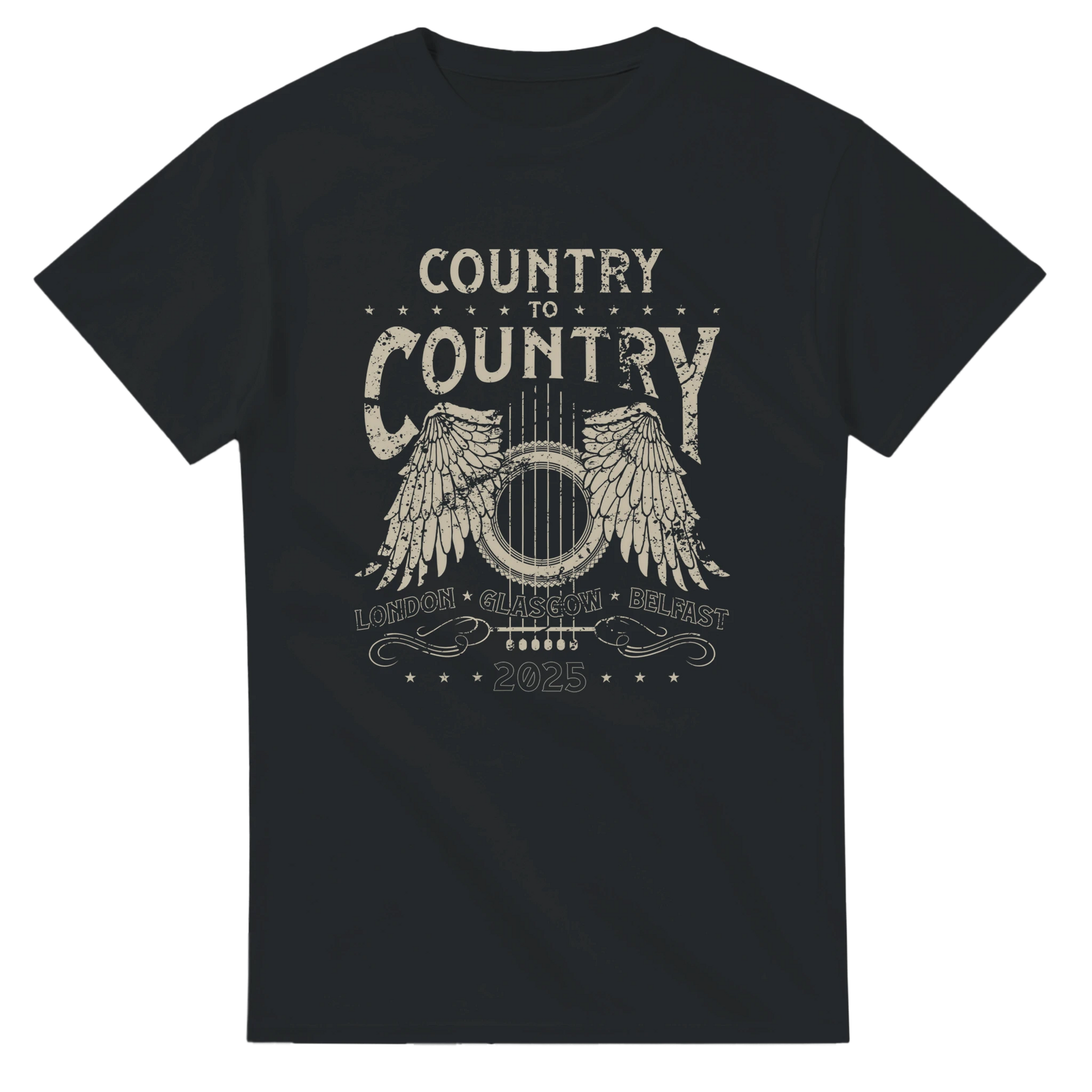 The C2C 2025 Classic Country Glasgow Line Up T-Shirt by C2C Country To Country features a distressed guitar-with-wings graphic, “Country to Country” and “London Glasgow Belfast 2025”, with stars and swirls. DTG printing offers a soft feel for any occasion.