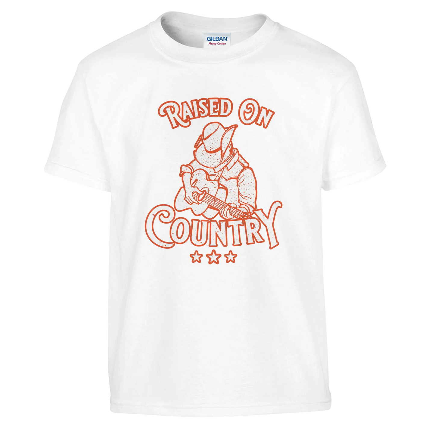 The C2C 2025 Raised On Country Kids T-Shirt by C2C Country To Country features an orange cowboy-with-guitar graphic, Raised On Country text, and three stars. Made from durable, machine washable fabric for easy care.